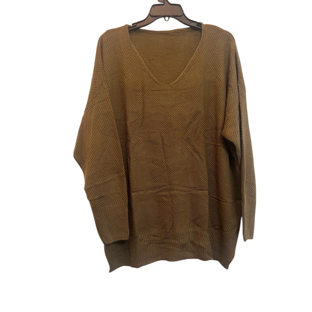 Amazon Sweater Waffle Knit Womens Size XXL Low V-Neck Brown